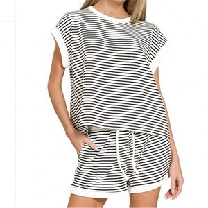 Zenana Outfitters Black and White Striped Lounge Set